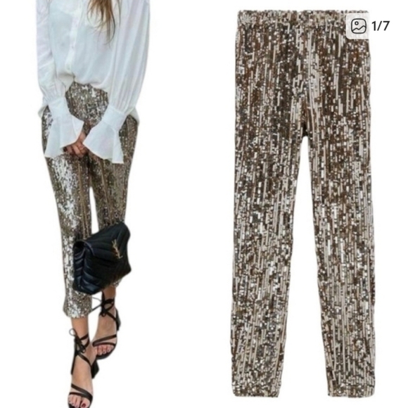 Zara Pants - Zara Blogger Fave Sequined Pants High Waisted Party Celebration Date Night, Gold